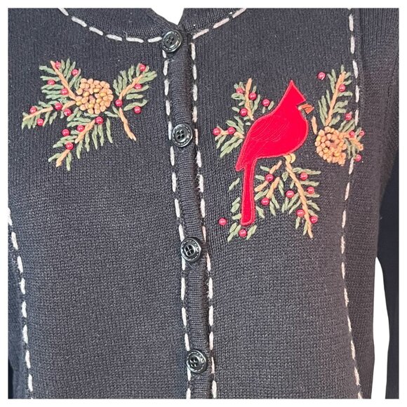 Womens Timberlea Embroidered Black Cardigan Sweater Red Cardinals Size Small VTG - Picture 3 of 9